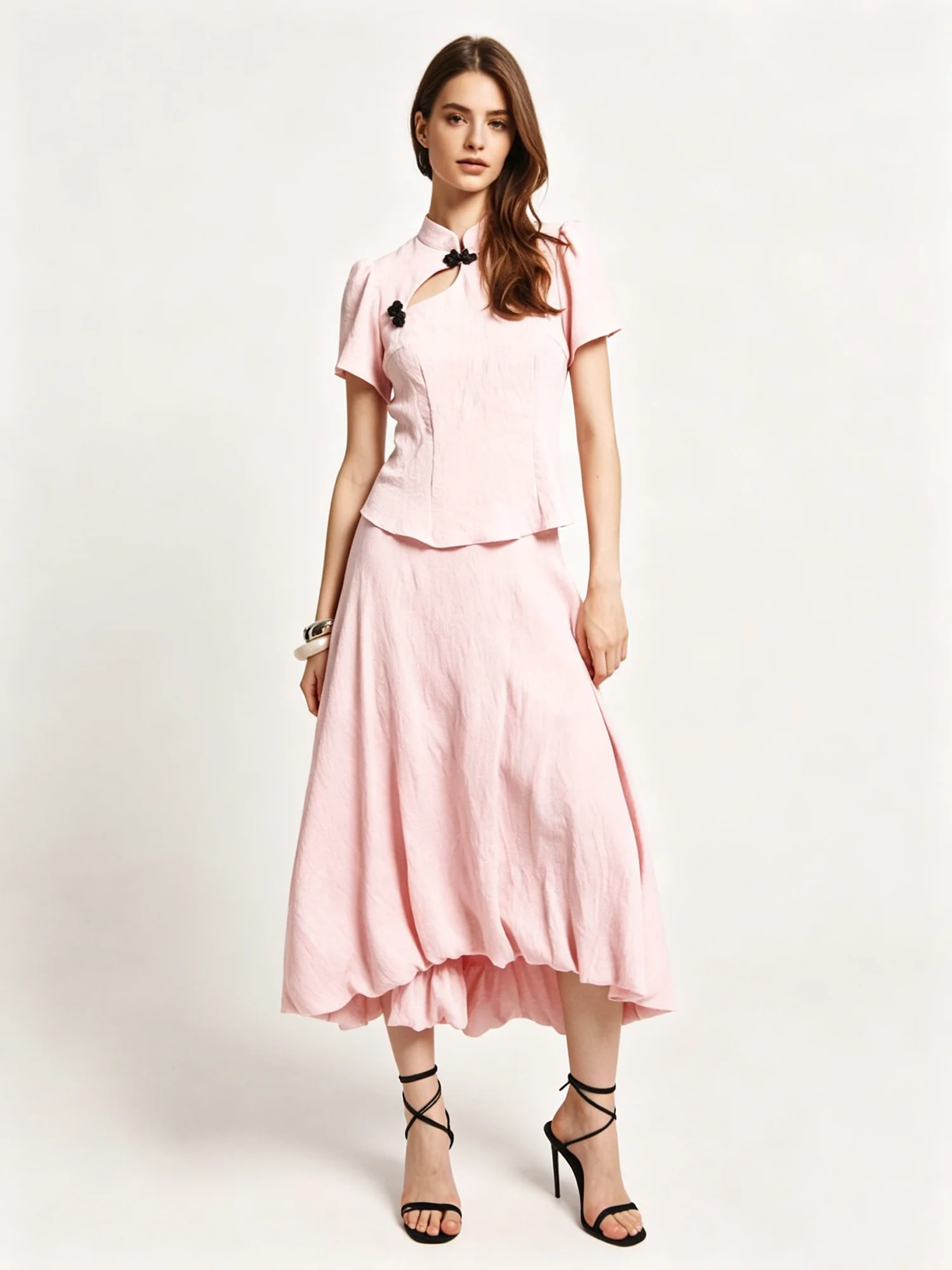LIMO Pink Cheongsam Collar 2 Piece Outfit Hollow Neck Blouse Flowy Midi Skirt Women Suit
LIMO Pink Cheongsam Collar 2 Piece Outfit Hollow Neck Blouse Flowy Midi Skirt Women Suit