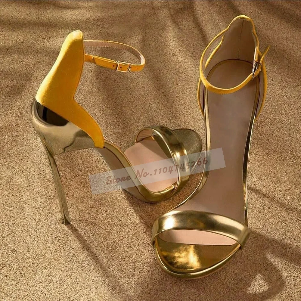 Golden Metal Wine Glass Shaped Heel Sandals Thin Blade Heel Color Patchwork Buckle Strap Dress Shoes Yellow Sky Blue Matched
Golden Metal Wine Glass Shaped Heel Sandals Thin Blade Heel Color Patchwork Buckle Strap Dress Shoes Yellow Sky Blue Matched