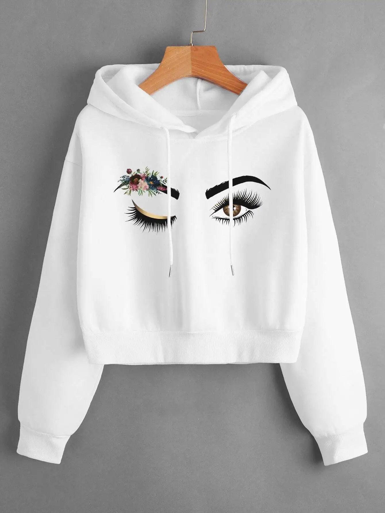 White Cropped Hoodie with Floral Eye Graphic, Drop Shoulder, Drawstring Hood
White Cropped Hoodie with Floral Eye Graphic, Drop Shoulder, Drawstring Hood