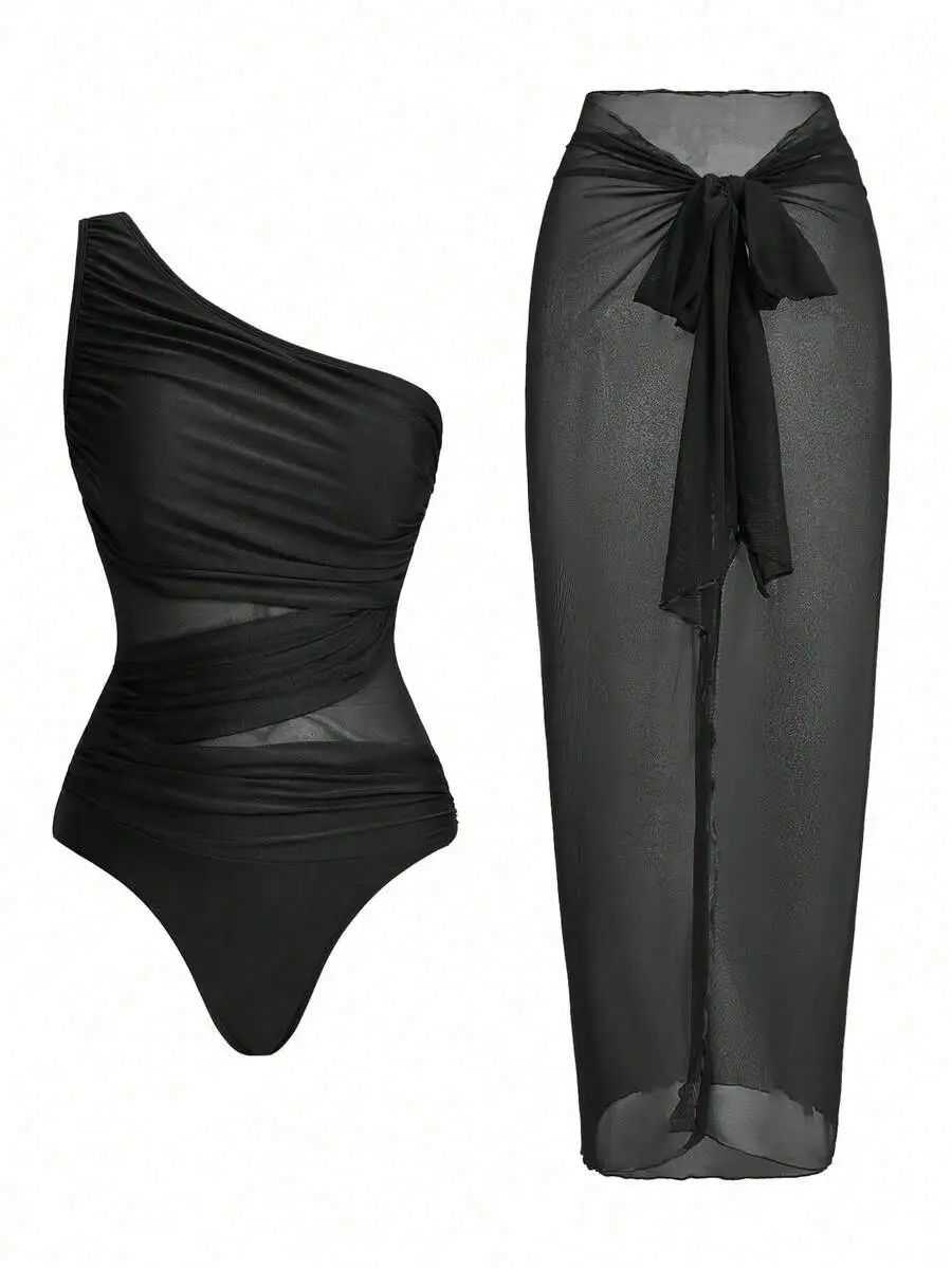 One Shoulder Ruched One-Piece Swimsuit With Sheer Cover Up Skirt
One Shoulder Ruched One-Piece Swimsuit With Sheer Cover Up Skirt