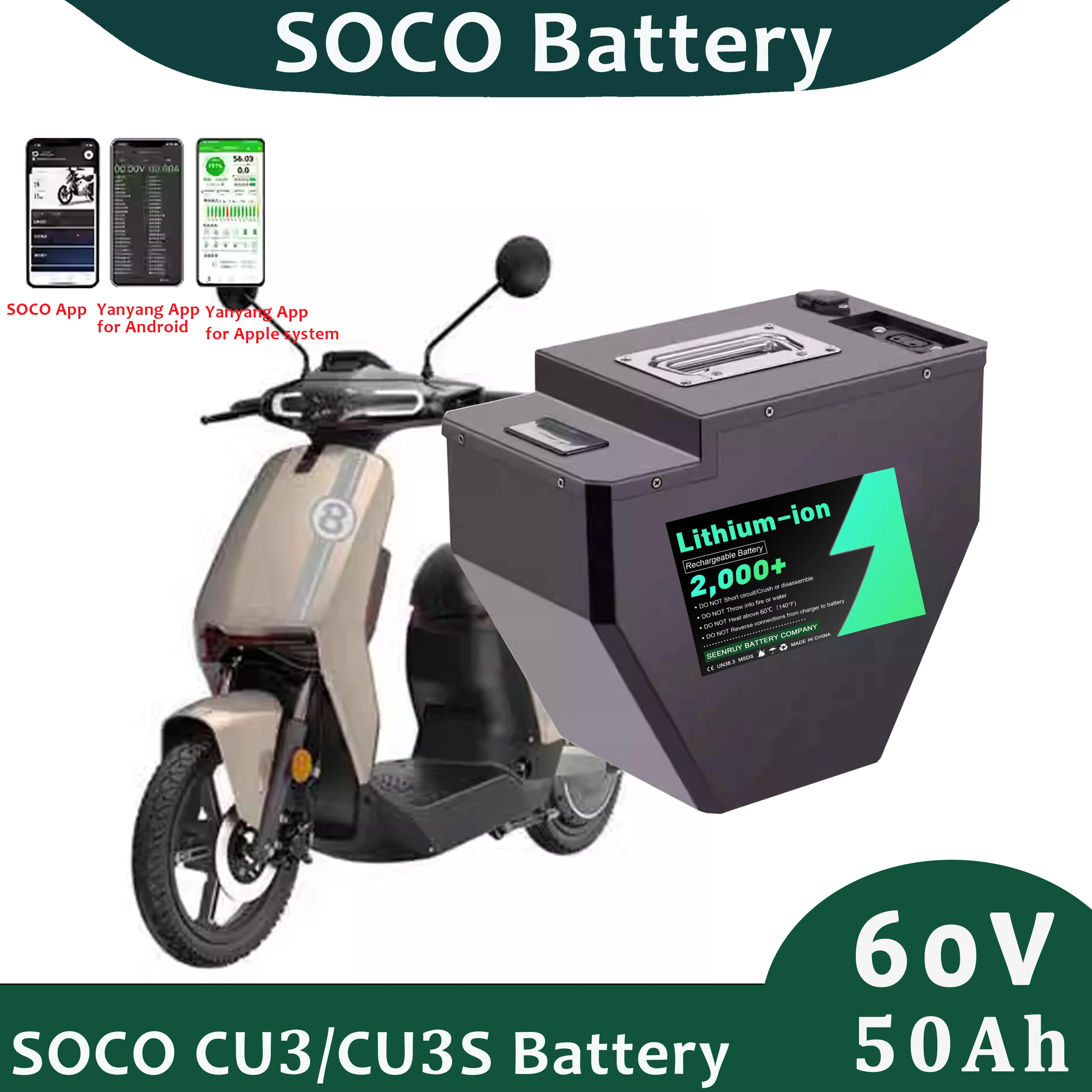 Super SOCO 60 В 50 Ач литий-ионный аккумулятор глубокого цикла для CU3 CU3S электрический скутер мотоцикла с зарядным устройством 10А
Super SOCO 60 В 50 Ач литий-ионный аккумулятор глубокого цикла для CU3 CU3S электрический скутер мотоцикла с зарядным устройством 10А