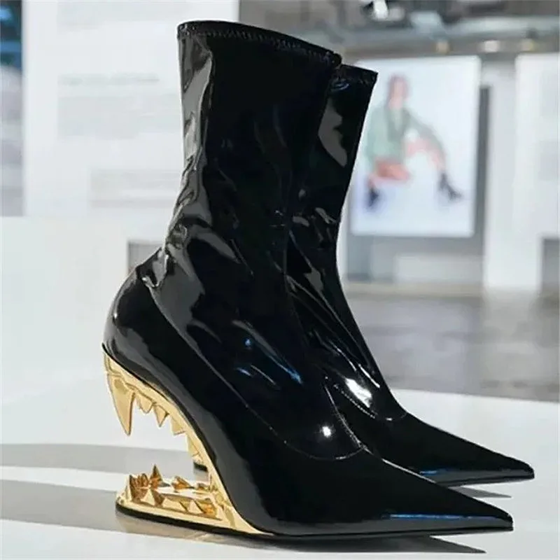 Women's New Black Pointed Toe Ankle Boots Gold Tooth Heel Slip On Stretchy Patent Leather High Heel Slim Fit Boots
Women's New Black Pointed Toe Ankle Boots Gold Tooth Heel Slip On Stretchy Patent Leather High Heel Slim Fit Boots