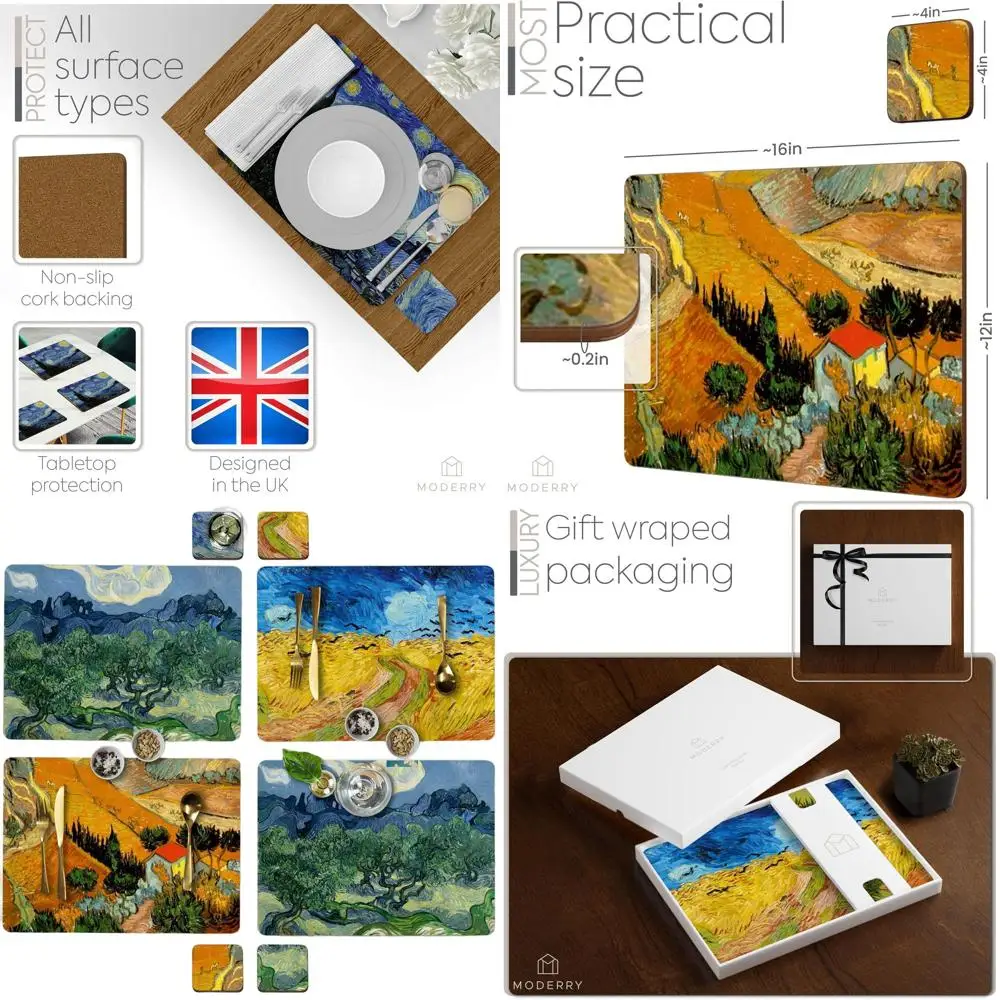 4-Piece Heat-Resistant Cork Placemats with Matching Drink Coasters, Van Gogh Art, 16x12 Inches
4-Piece Heat-Resistant Cork Placemats with Matching Drink Coasters, Van Gogh Art, 16x12 Inches