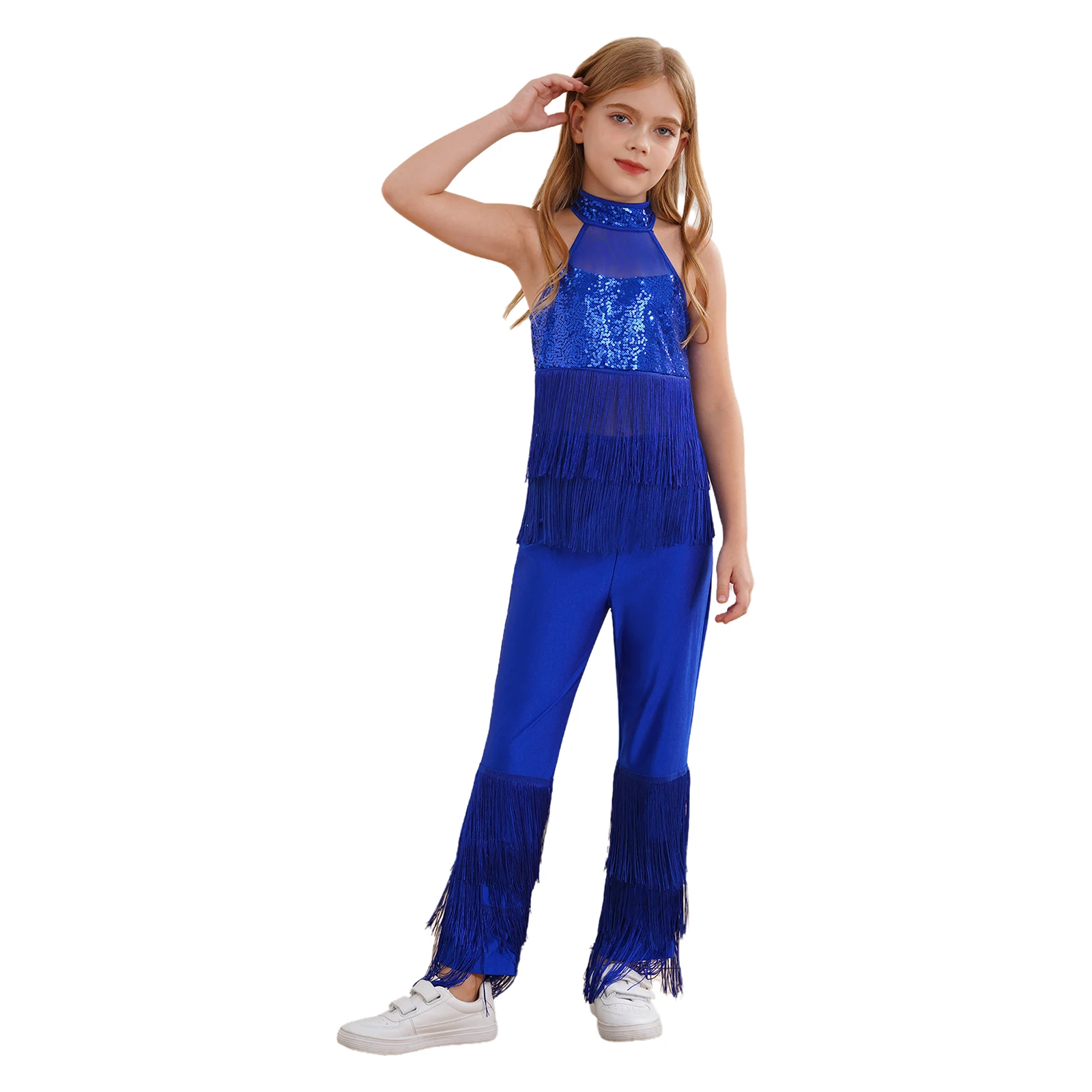 Girls Tiered Tassels Sparky Jumpsuit Halter Sleeveless Backless Sheer Mesh Bodysuit for Latin Jazz Dance Stage Performance Wear
Girls Tiered Tassels Sparky Jumpsuit Halter Sleeveless Backless Sheer Mesh Bodysuit for Latin Jazz Dance Stage Performance Wear