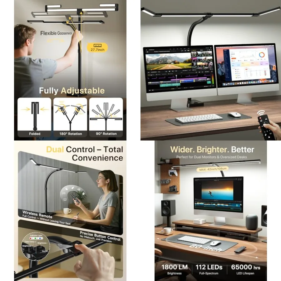 42" LED Desk Lamp for Home Office, Eye-Caring Desk Light with Adjustable 4-Segment Bar, 1800LM Bright, Remote, Architect Table
42" LED Desk Lamp for Home Office, Eye-Caring Desk Light with Adjustable 4-Segment Bar, 1800LM Bright, Remote, Architect Table