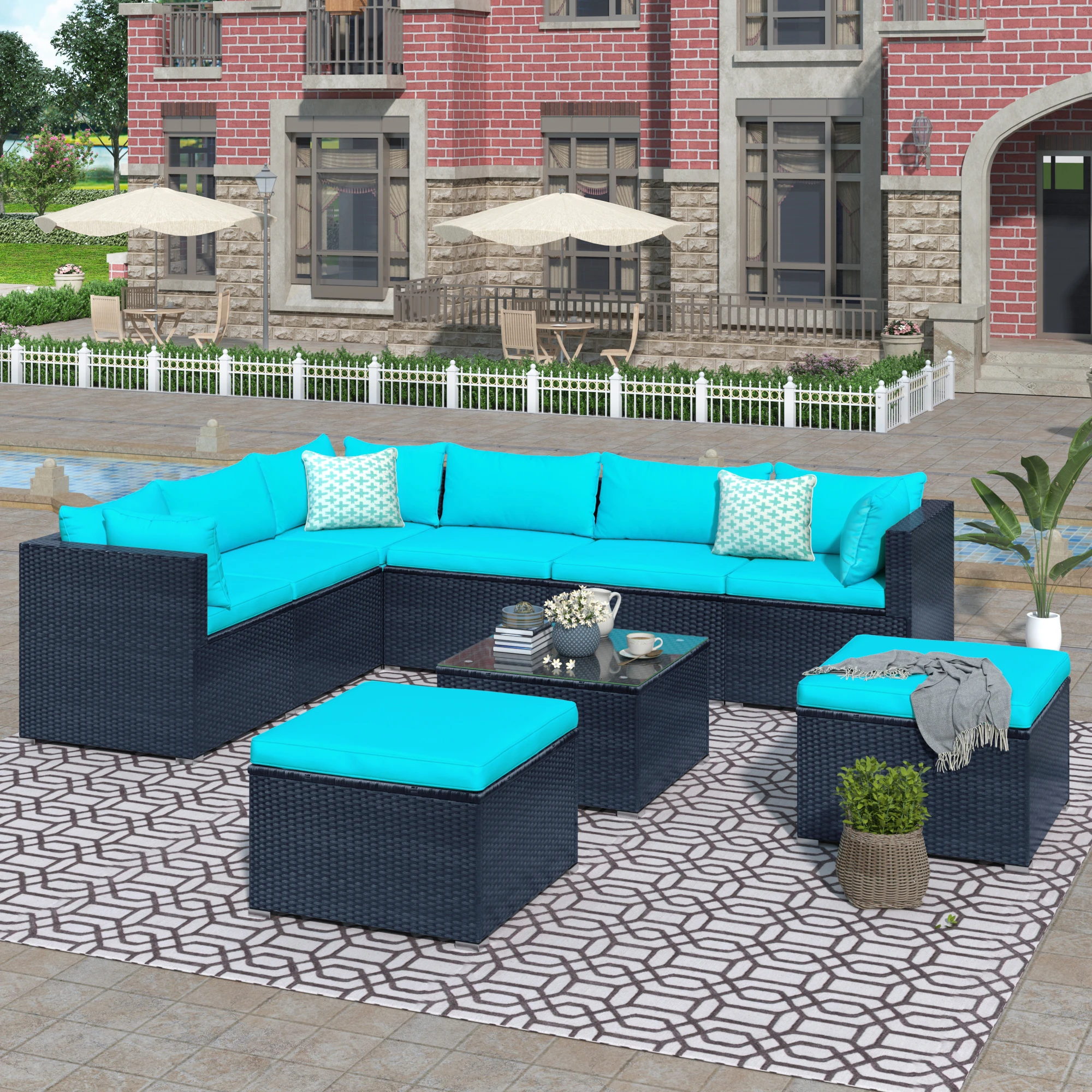 9-piece Outdoor Patio PE Wicker Rattan Conversation Sectional Sofa Sets with 3 Sofa, 3 Corner Sofa, 2 Ottomans, and 1 Table
9-piece Outdoor Patio PE Wicker Rattan Conversation Sectional Sofa Sets with 3 Sofa, 3 Corner Sofa, 2 Ottomans, and 1 Table