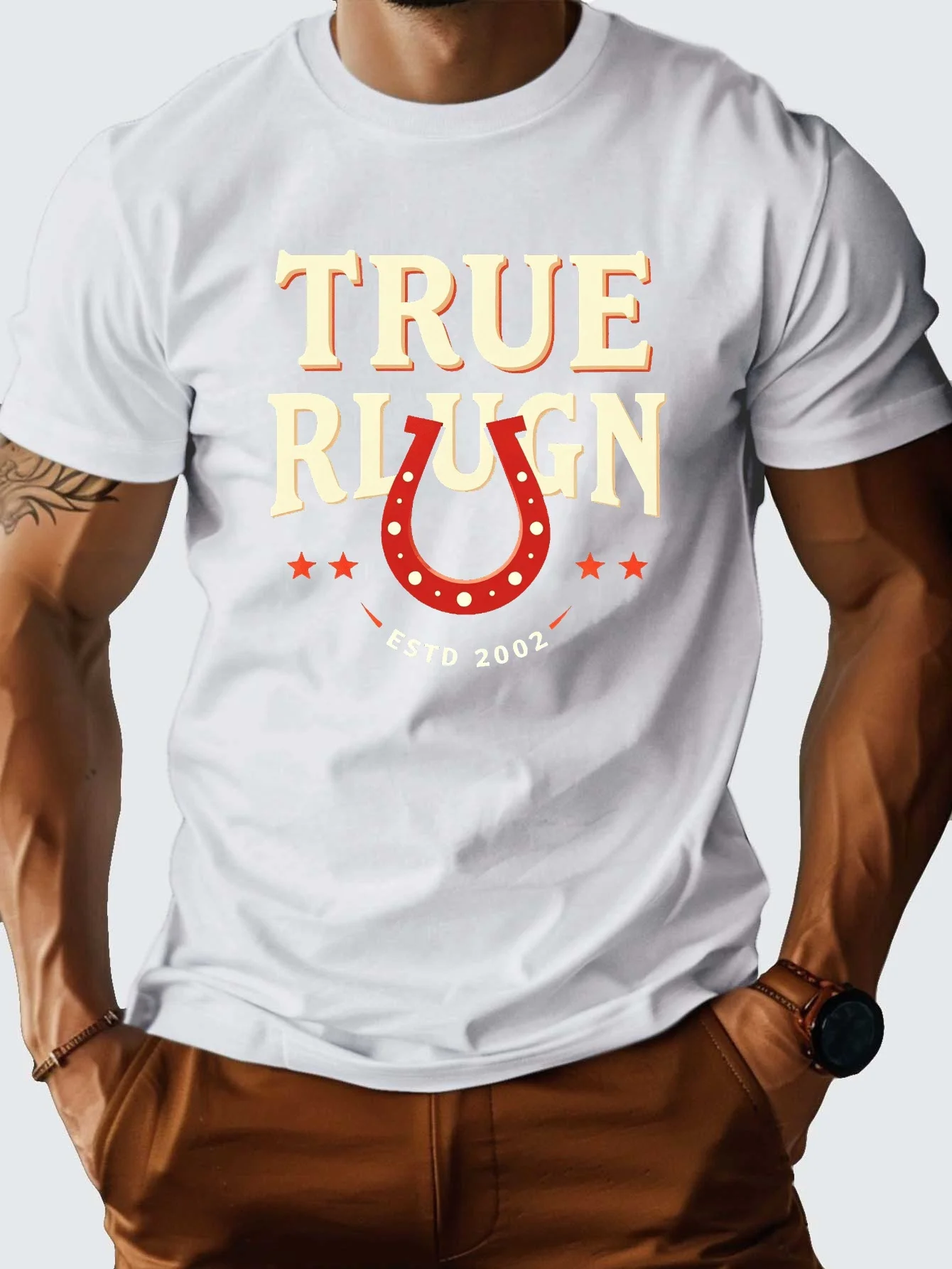 Men's Pure Cotton T-shirt TRUE RLUGN with Horseshoe And Stars Cotton Men'S T-Shirt with Comfortable Fit
Men's Pure Cotton T-shirt TRUE RLUGN with Horseshoe And Stars Cotton Men'S T-Shirt with Comfortable Fit