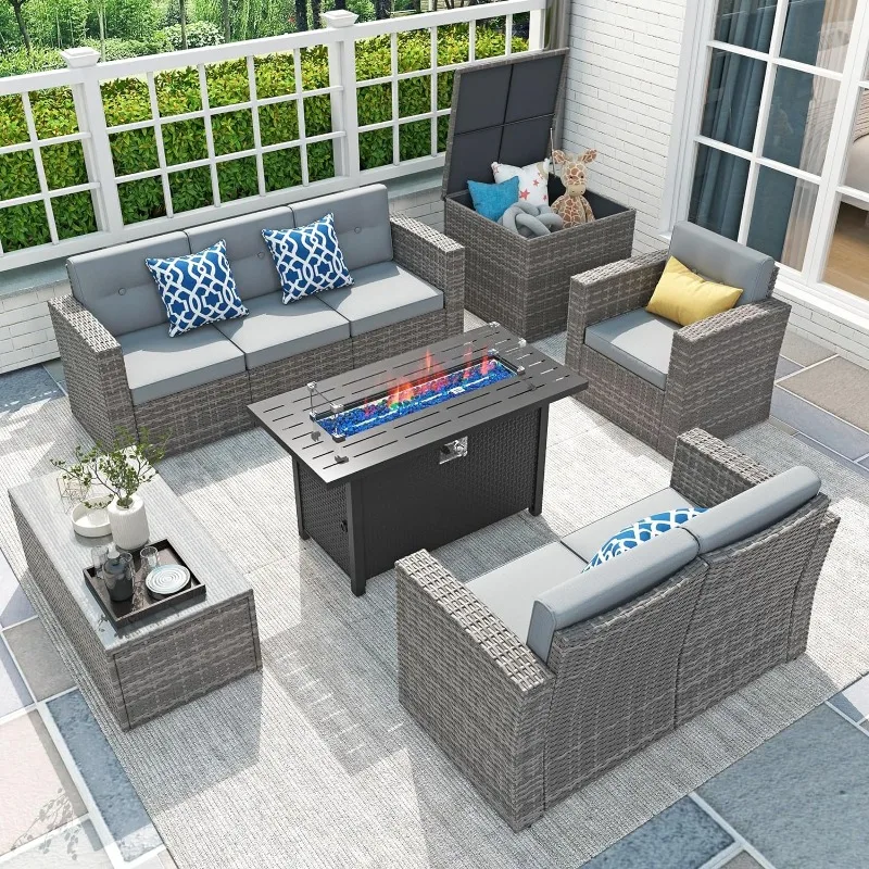 9 Piece Patio Conversation Set with 45" Fire Pit Table, PE Wicker Outdoor Furniture Set with Storage Box
9 Piece Patio Conversation Set with 45" Fire Pit Table, PE Wicker Outdoor Furniture Set with Storage Box