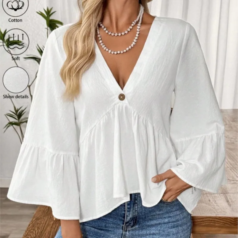 Elegant Youth Solid color Tops Blouses For Women Casual Loose V-neck Flared Sleeves 2026 Summer Oversized Shirts And Blouses
Elegant Youth Solid color Tops Blouses For Women Casual Loose V-neck Flared Sleeves 2026 Summer Oversized Shirts And Blouses