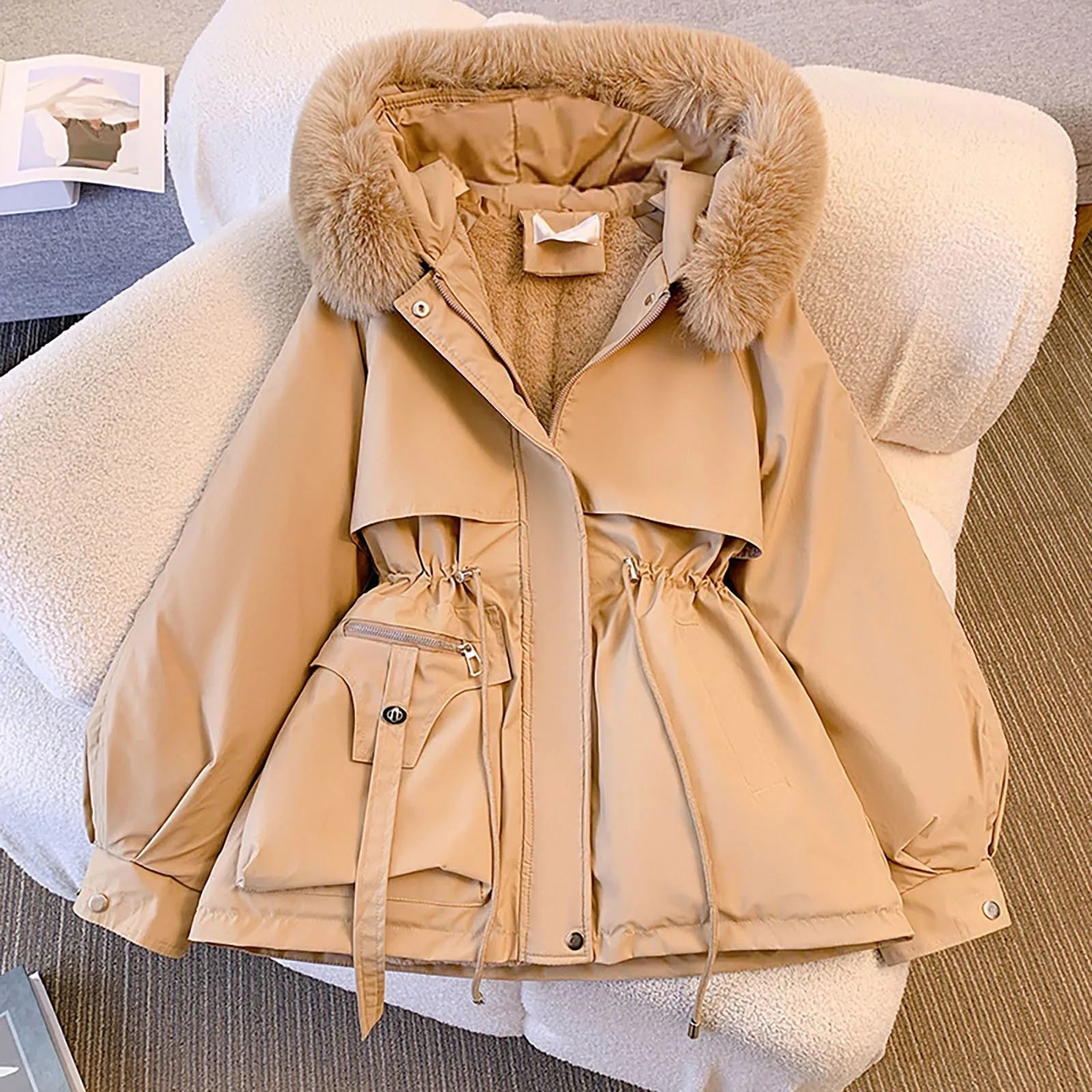 Women Winter Fleece Lined Zip Hooded Jackets Winter Elegant Drawstring Slim Outwears Coat With Faux Fur Collar Plus Size Parkas
Women Winter Fleece Lined Zip Hooded Jackets Winter Elegant Drawstring Slim Outwears Coat With Faux Fur Collar Plus Size Parkas