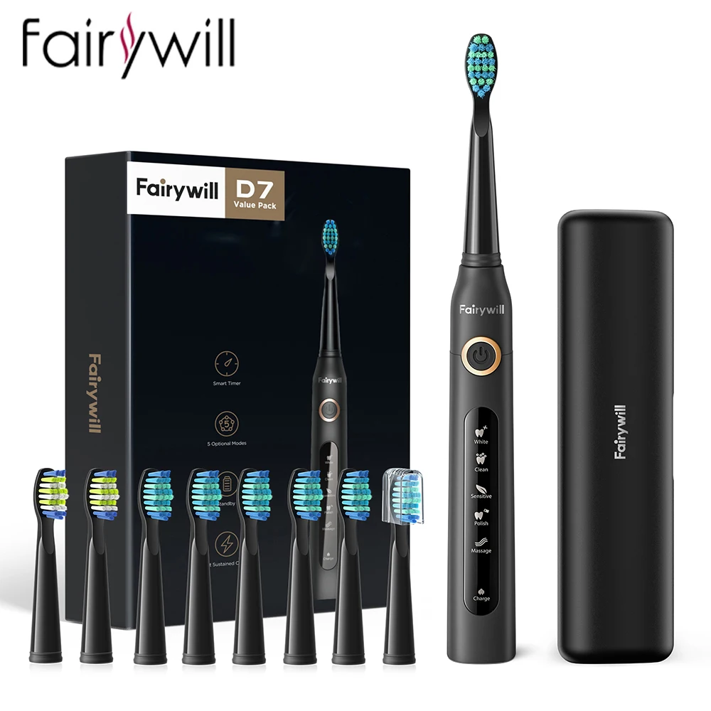 Электрическая звуковая зубная щетка Fairywill FW-507, перезаряжаемая от USB, водонепроницаемая электронная зубная щетка для взрослых, сменные насадки 8
Электрическая звуковая зубная щетка Fairywill FW-507, перезаряжаемая от USB, водонепроницаемая электронная зубная щетка для взрослых, сменные насадки 8