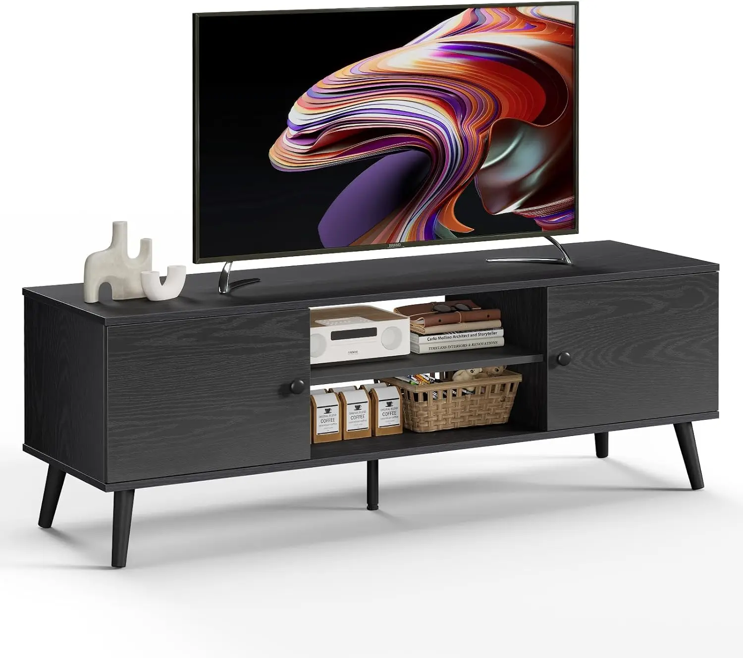 Modern Mid-Century TV Stand for 55-60 inch TVs, 2 Cabinets, Wooden Entertainment Center with Storage, Black
Modern Mid-Century TV Stand for 55-60 inch TVs, 2 Cabinets, Wooden Entertainment Center with Storage, Black