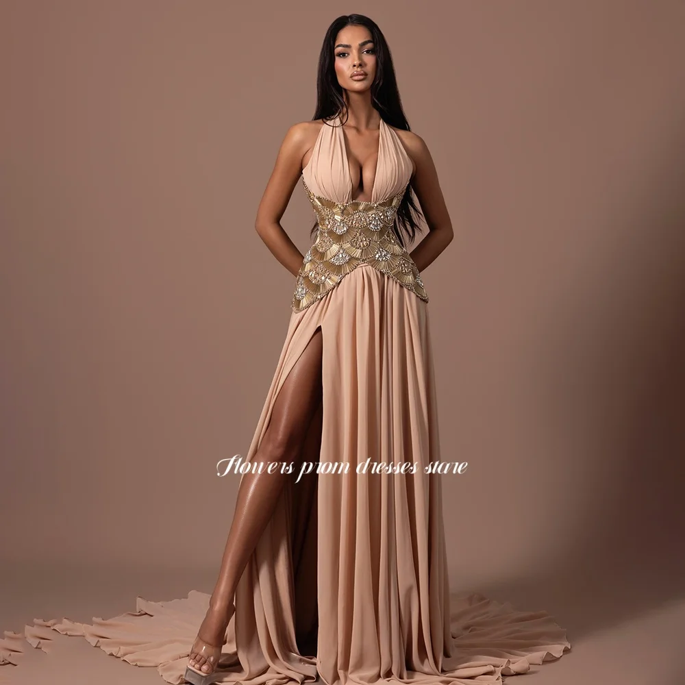 Flowers Halter Party Dress with Pleats Beading Evening Dress with High Slit Formal Occasion Dress for Women Robe Customized
Flowers Halter Party Dress with Pleats Beading Evening Dress with High Slit Formal Occasion Dress for Women Robe Customized