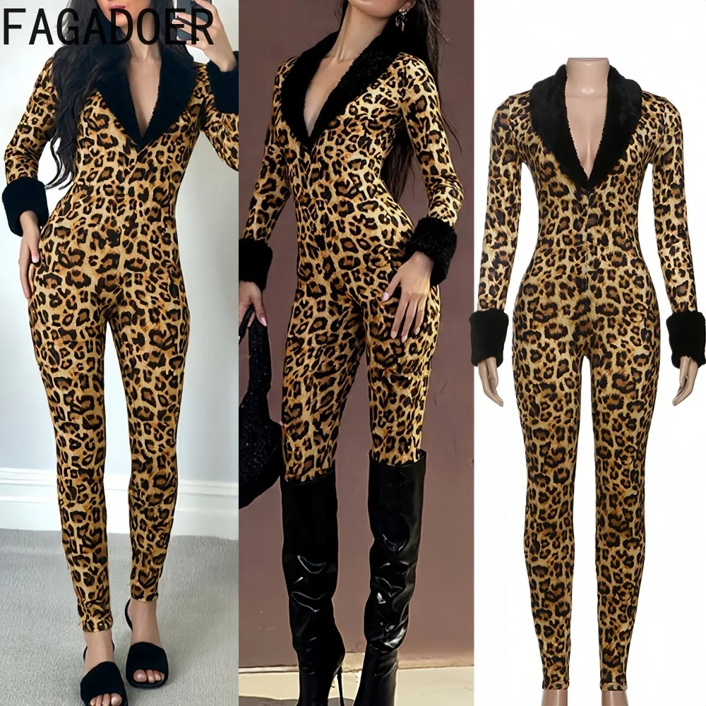 FAGADOER Sexy Leopard Print Bodycon Jumpsuit Women Deep V-neck Long Sleeves Fur Patchwork Rompers Female Streetwear Overalls New
FAGADOER Sexy Leopard Print Bodycon Jumpsuit Women Deep V-neck Long Sleeves Fur Patchwork Rompers Female Streetwear Overalls New