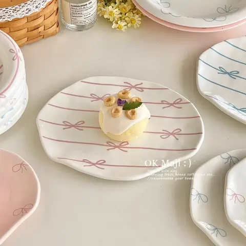 Korean Fahsion Bows Print Ceramic Plate Stripes Irregular Porcelain White Serving Dish Simple Style Kitchen Dessert Tableware
