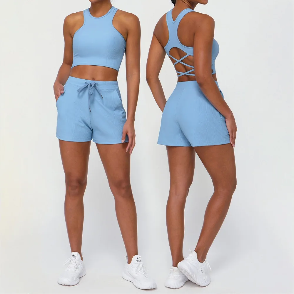 Ribbed Casual Sportswear Breathable Quick Dry Workout Clothing Shockproof Bra Drawstring Shorts with Pockets Yoga Fitness 2pcs
Ribbed Casual Sportswear Breathable Quick Dry Workout Clothing Shockproof Bra Drawstring Shorts with Pockets Yoga Fitness 2pcs