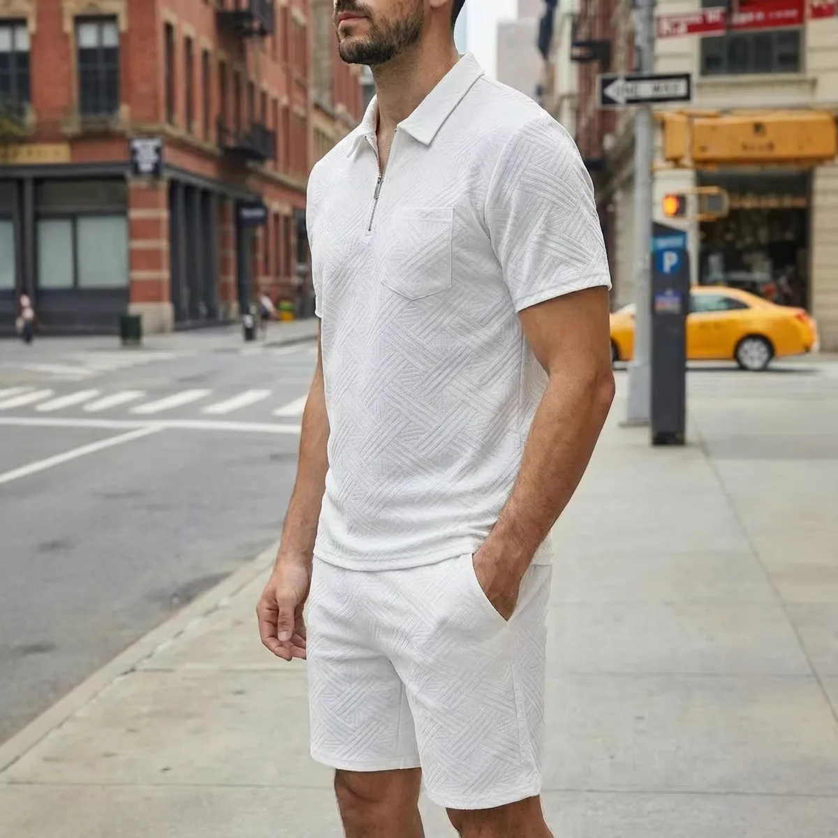 206 Summer Cross-border New Men's Waffle Knit Zipper Solid Color Lapel Short-sleeve T-shirt and Shorts Breathable Casual Set
206 Summer Cross-border New Men's Waffle Knit Zipper Solid Color Lapel Short-sleeve T-shirt and Shorts Breathable Casual Set