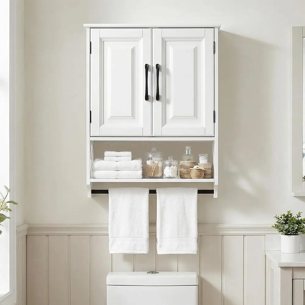 White Wall-Mounted Bathroom Cabinet with 2 Raised Panels, Adjustable Shelf, and Towel Bar - Over Toilet Storage for Small Spaces
White Wall-Mounted Bathroom Cabinet with 2 Raised Panels, Adjustable Shelf, and Towel Bar - Over Toilet Storage for Small Spaces