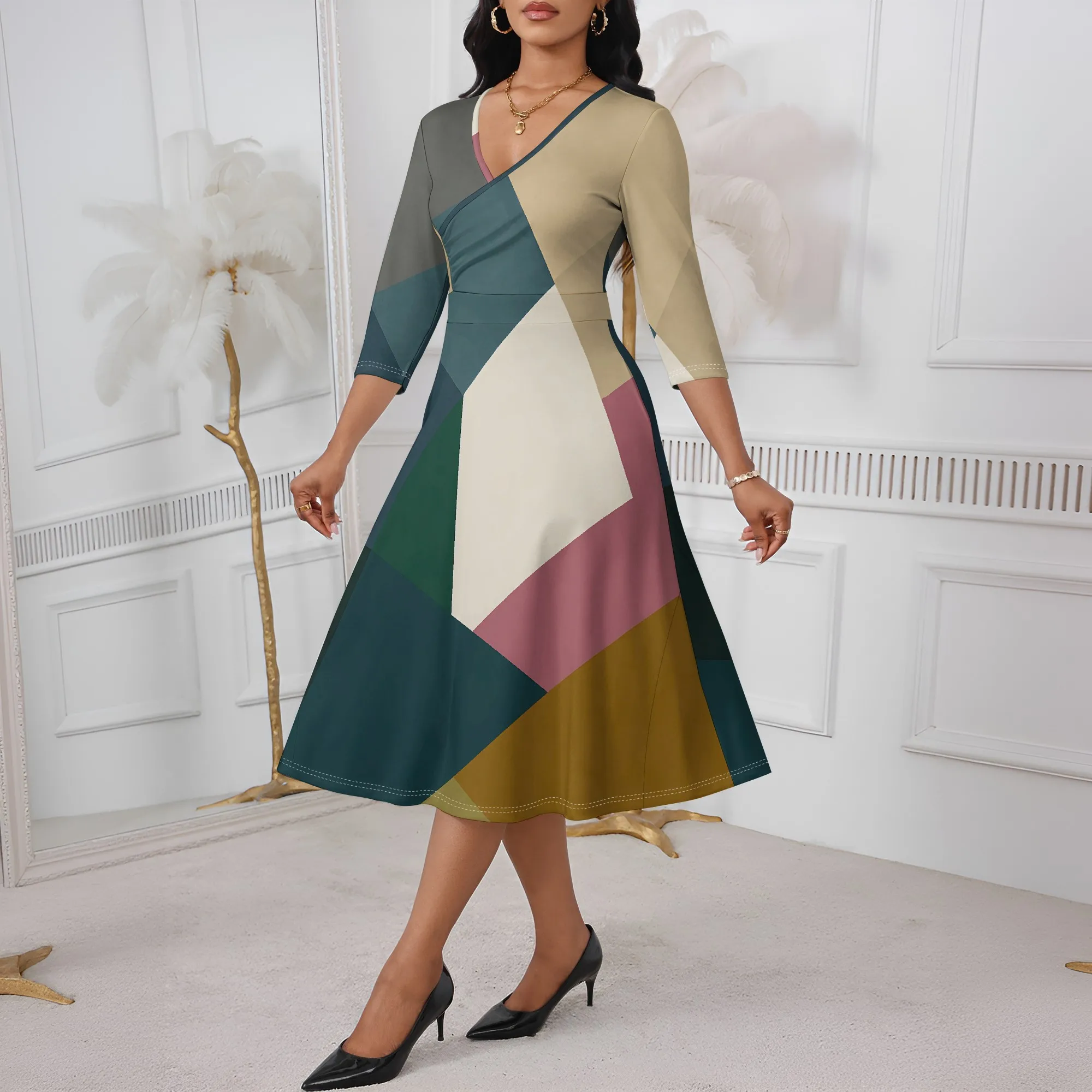 Geometric Color Block Midi Dress XS-3XL Elegant V-Neck Wrap Look for Office Wear, Art Gallery or Daily Chic Style
Geometric Color Block Midi Dress XS-3XL Elegant V-Neck Wrap Look for Office Wear, Art Gallery or Daily Chic Style