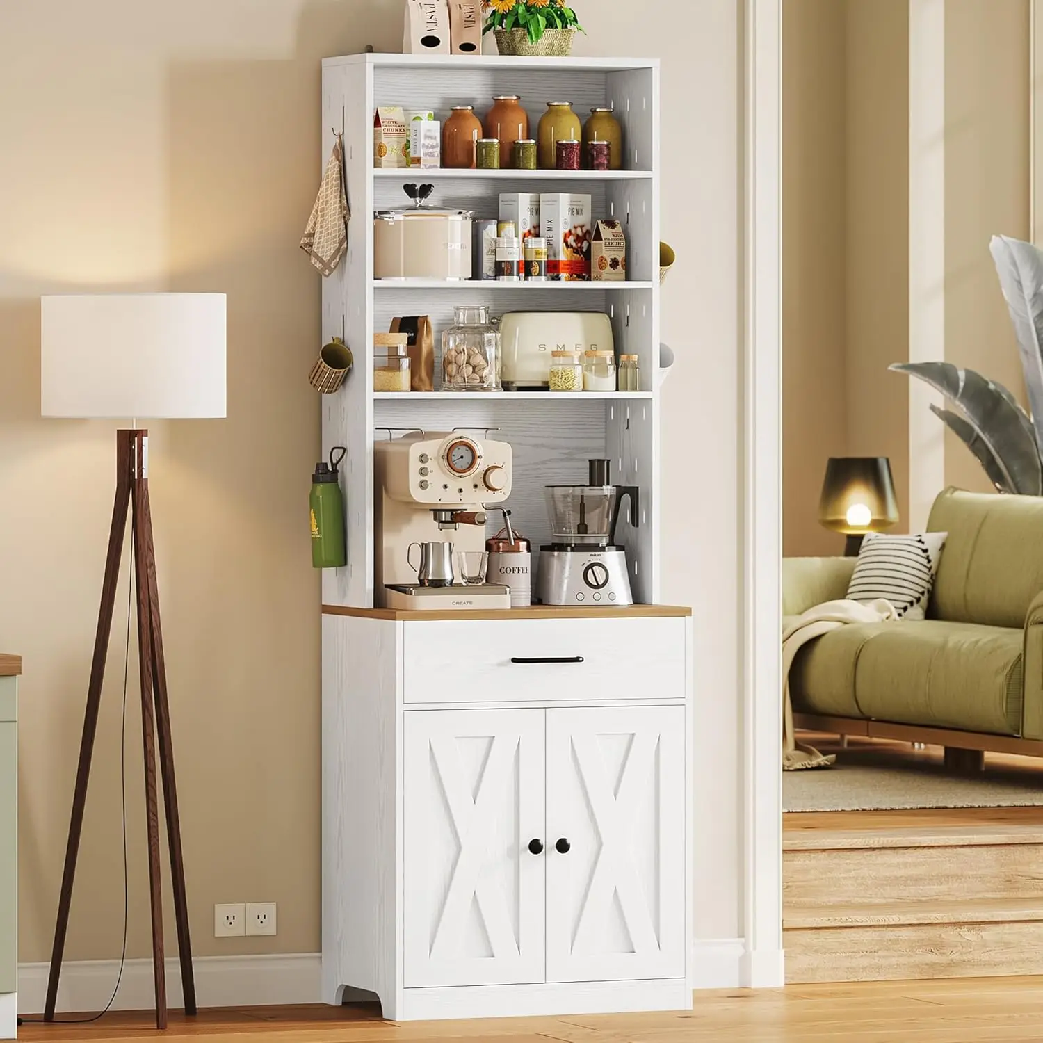 Bakers Rack Microwave Stand with Pegboard and Storage, 71" Farmhouse Coffee Bar Cabinet with Drawer, Barn Doors, Adjustable
Bakers Rack Microwave Stand with Pegboard and Storage, 71" Farmhouse Coffee Bar Cabinet with Drawer, Barn Doors, Adjustable