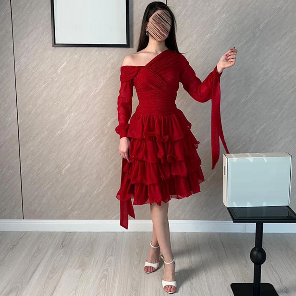 Graceful Red Chiffon Evening Dress Simple Long Sleeves Homecoming Dresses Temperament Tiered Customized Celebrity Gowns
Graceful Red Chiffon Evening Dress Simple Long Sleeves Homecoming Dresses Temperament Tiered Customized Celebrity Gowns