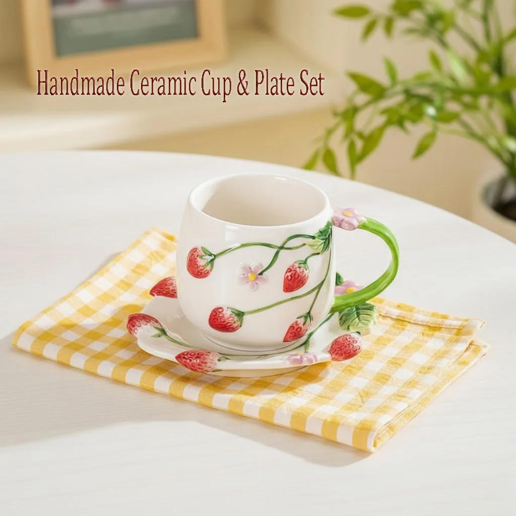 3D 350ml Handmade Ceramic Strawberry Coffee Mug with Saucer Set, Relief Floral Design, Kawaii Tea Cup
3D 350ml Handmade Ceramic Strawberry Coffee Mug with Saucer Set, Relief Floral Design, Kawaii Tea Cup
