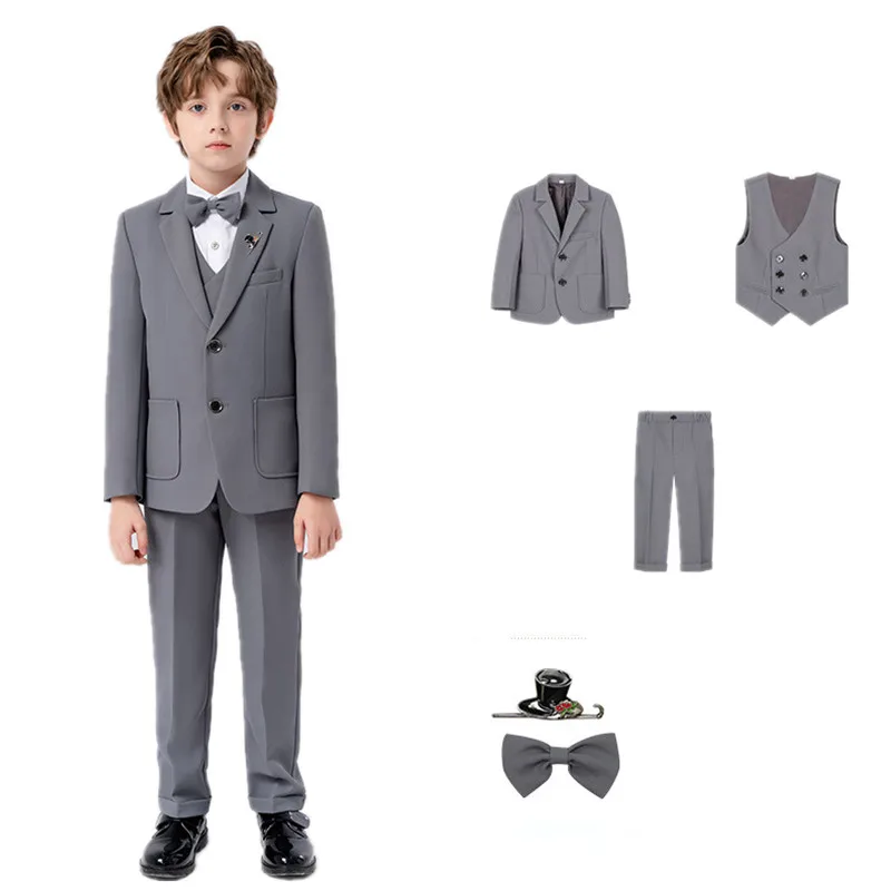 Boys Gray Jacket Vest Pants Bowtie Brooch 5Pieces Wedding Outfit Kids Piano Host Performance Suit Children Birthday Blazer Set
Boys Gray Jacket Vest Pants Bowtie Brooch 5Pieces Wedding Outfit Kids Piano Host Performance Suit Children Birthday Blazer Set