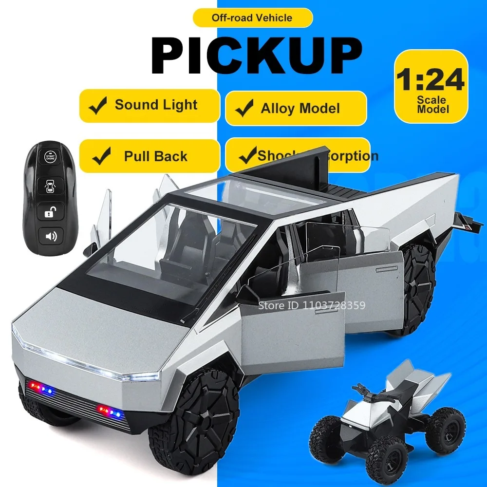1:24 Scale Cyber Pickup Off-road Car Model Toys Alloy Diecast Front Wheel Steering Shock Absorption Pull Back Popular Vehicles
1:24 Scale Cyber Pickup Off-road Car Model Toys Alloy Diecast Front Wheel Steering Shock Absorption Pull Back Popular Vehicles