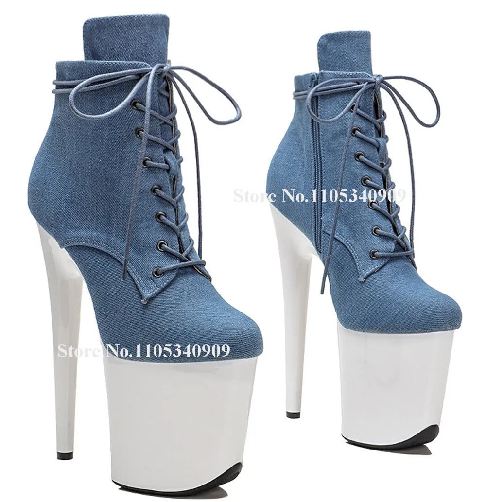 Bondarenko Blue Denim Patchwork White Platform Thin Heel Short Boots Round Toe Lace-up Stiletto Heel Dance Shoes
Bondarenko Blue Denim Patchwork White Platform Thin Heel Short Boots Round Toe Lace-up Stiletto Heel Dance Shoes