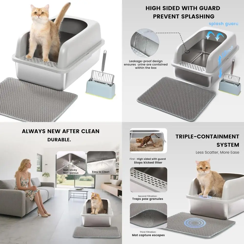 Очень большой металлический лоток для кошек крупных пород — нержавеющая сталь с крышкой, совком и ковриком, высокие бортики для предотвращения разбрызгивания, Odo
Очень большой металлический лоток для кошек крупных пород — нержавеющая сталь с крышкой, совком и ковриком, высокие бортики для предотвращения разбрызгивания, Odo