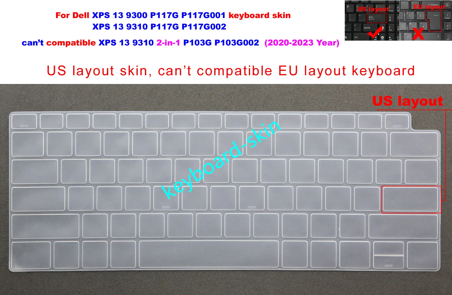 US Keyboard Skin Cover Protector for Dell XPS 13 9300 XPS 13 9310 P117G P117G001 P117G002 laptop
US Keyboard Skin Cover Protector for Dell XPS 13 9300 XPS 13 9310 P117G P117G001 P117G002 laptop