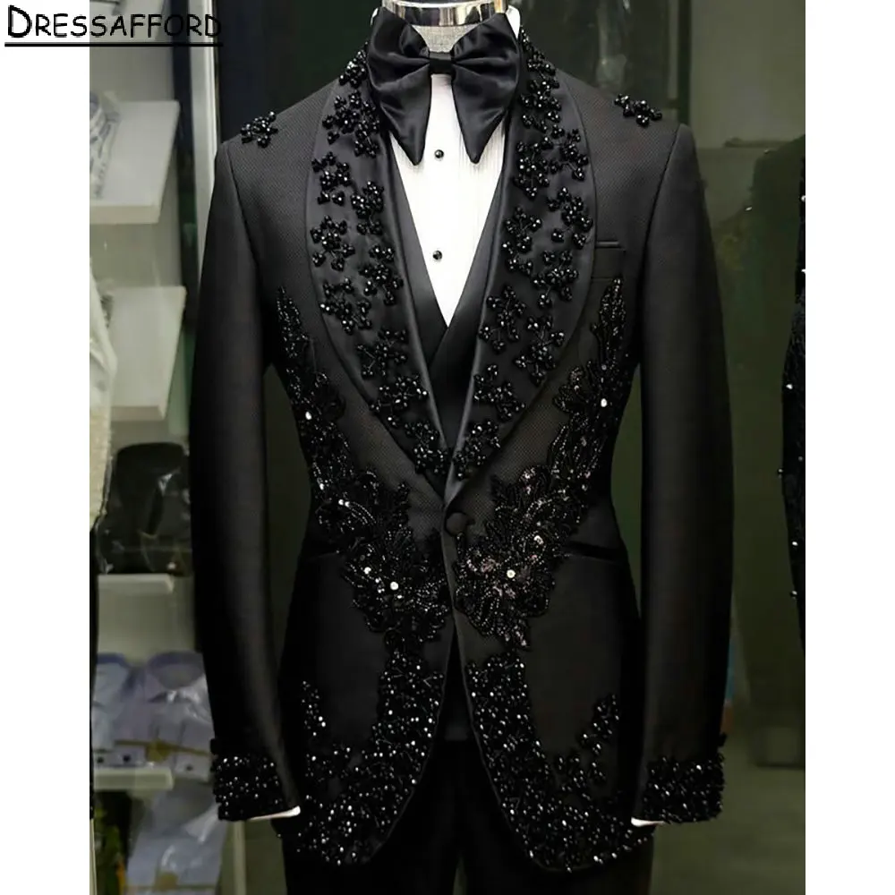 Black Luxury Appliques Beading Men Suits For Wedding Groom Tuxedos 2 Pieces Jacket Pants Prom Blazers Customized
Black Luxury Appliques Beading Men Suits For Wedding Groom Tuxedos 2 Pieces Jacket Pants Prom Blazers Customized