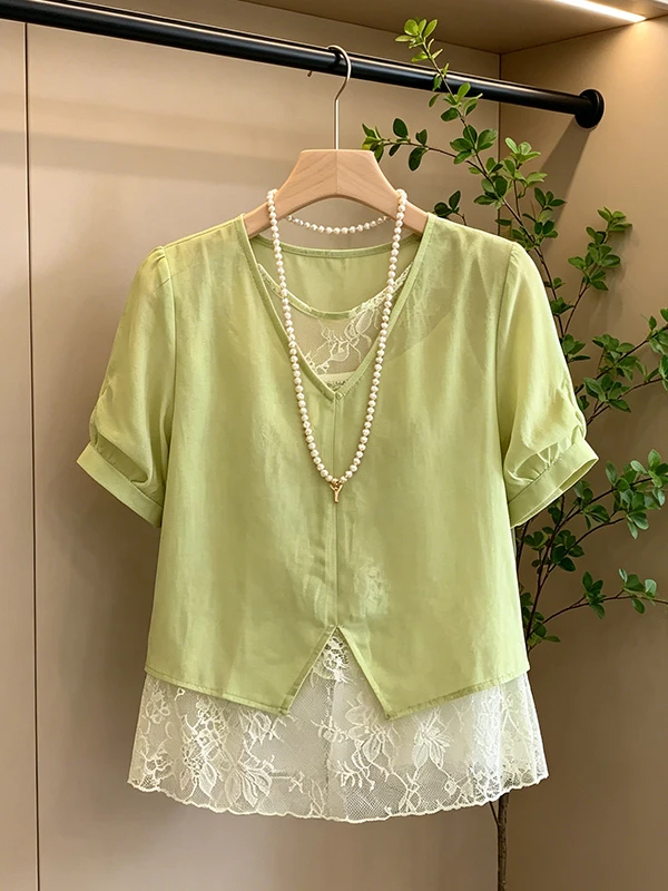 Summer New Design Large Size Lace Splicing Short Sleeve Shirt Women's Gentle Style Versatile Top Skin-friendly Breathable
Summer New Design Large Size Lace Splicing Short Sleeve Shirt Women's Gentle Style Versatile Top Skin-friendly Breathable