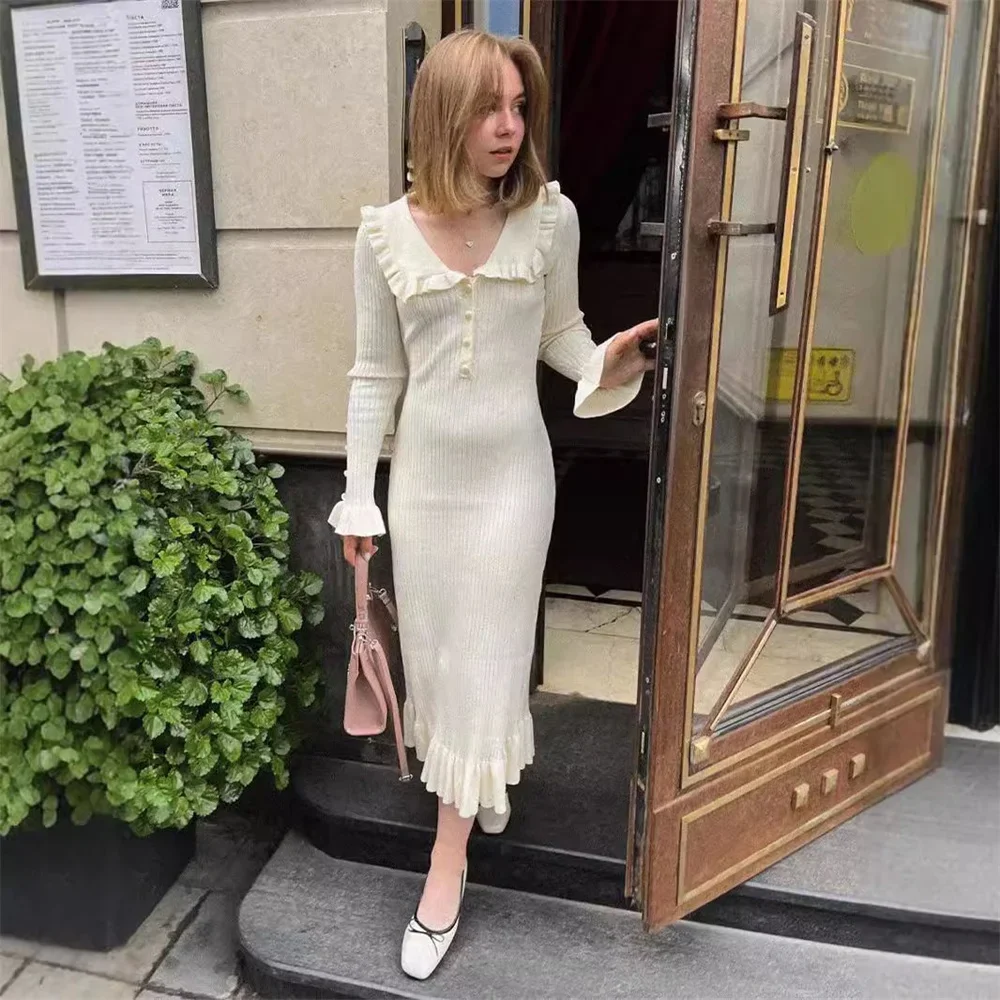 High Waist Ruffled Maxi Dresses For Women Autumn Winter Knitted Slim Long Dress Women's Vintage Dress Woman Retro Elegant Dress
High Waist Ruffled Maxi Dresses For Women Autumn Winter Knitted Slim Long Dress Women's Vintage Dress Woman Retro Elegant Dress