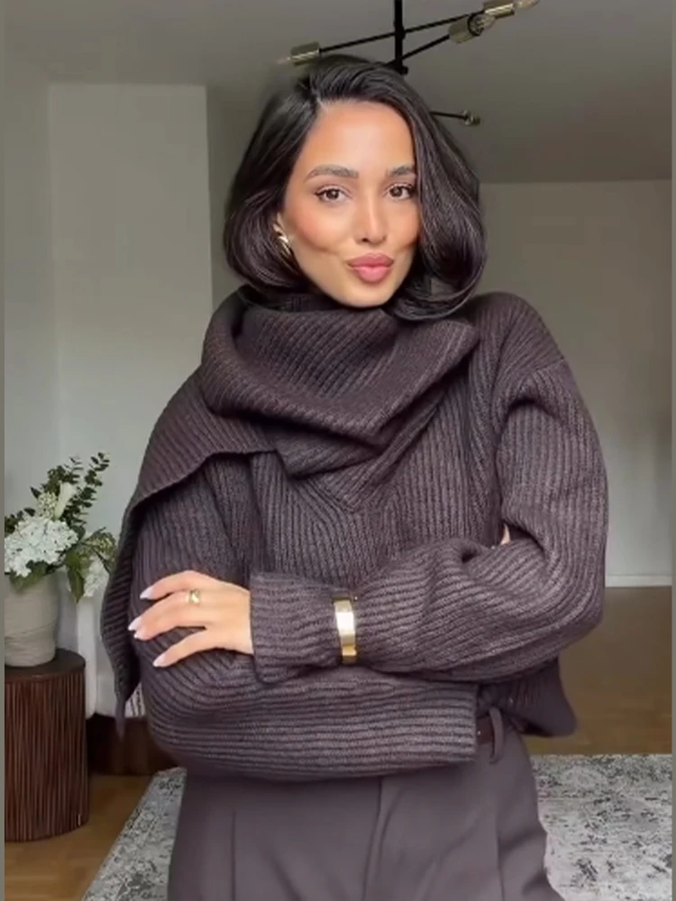 Коричневый вязаный свитер-гольф для женщин, однотонный, повседневный, с воротником-шарфом, длинными рукавами, свободный, теплый
Коричневый вязаный свитер-гольф для женщин, однотонный, повседневный, с воротником-шарфом, длинными рукавами, свободный, теплый