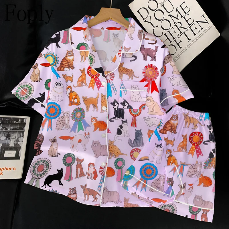 Cartoon Animal Print Women Pajamas Set Summer 2Piece Pyjama Satin Silk Sleepwear Shortsleeve Top Shorts Pijama Pjs Loungewear
Cartoon Animal Print Women Pajamas Set Summer 2Piece Pyjama Satin Silk Sleepwear Shortsleeve Top Shorts Pijama Pjs Loungewear
