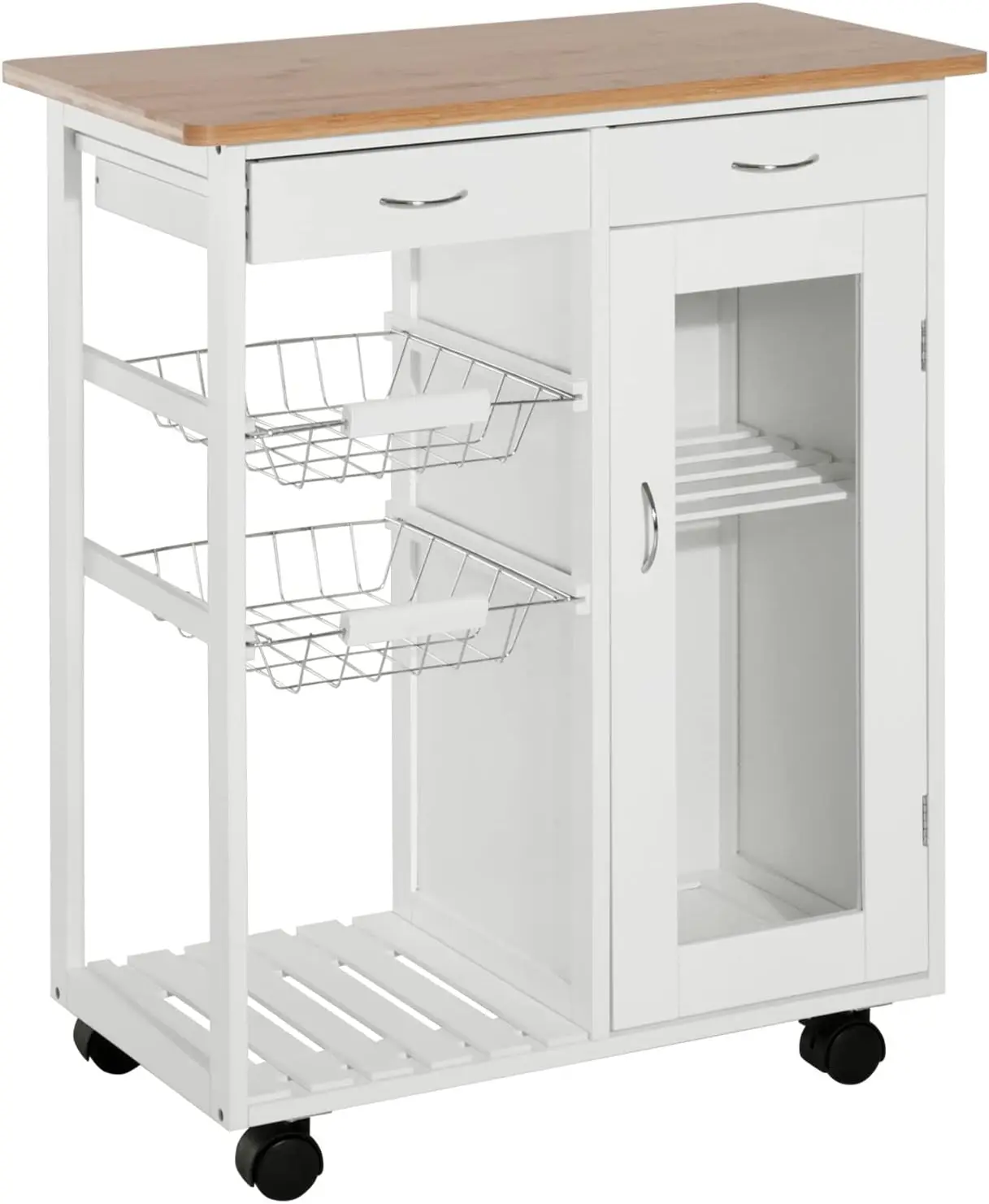 28" Rolling Kitchen Island with , Kitchen Cart with Solid Bamboo Top, Wire Basket,Door Cabinet and Drawers, White Butter holder
28" Rolling Kitchen Island with , Kitchen Cart with Solid Bamboo Top, Wire Basket,Door Cabinet and Drawers, White Butter holder