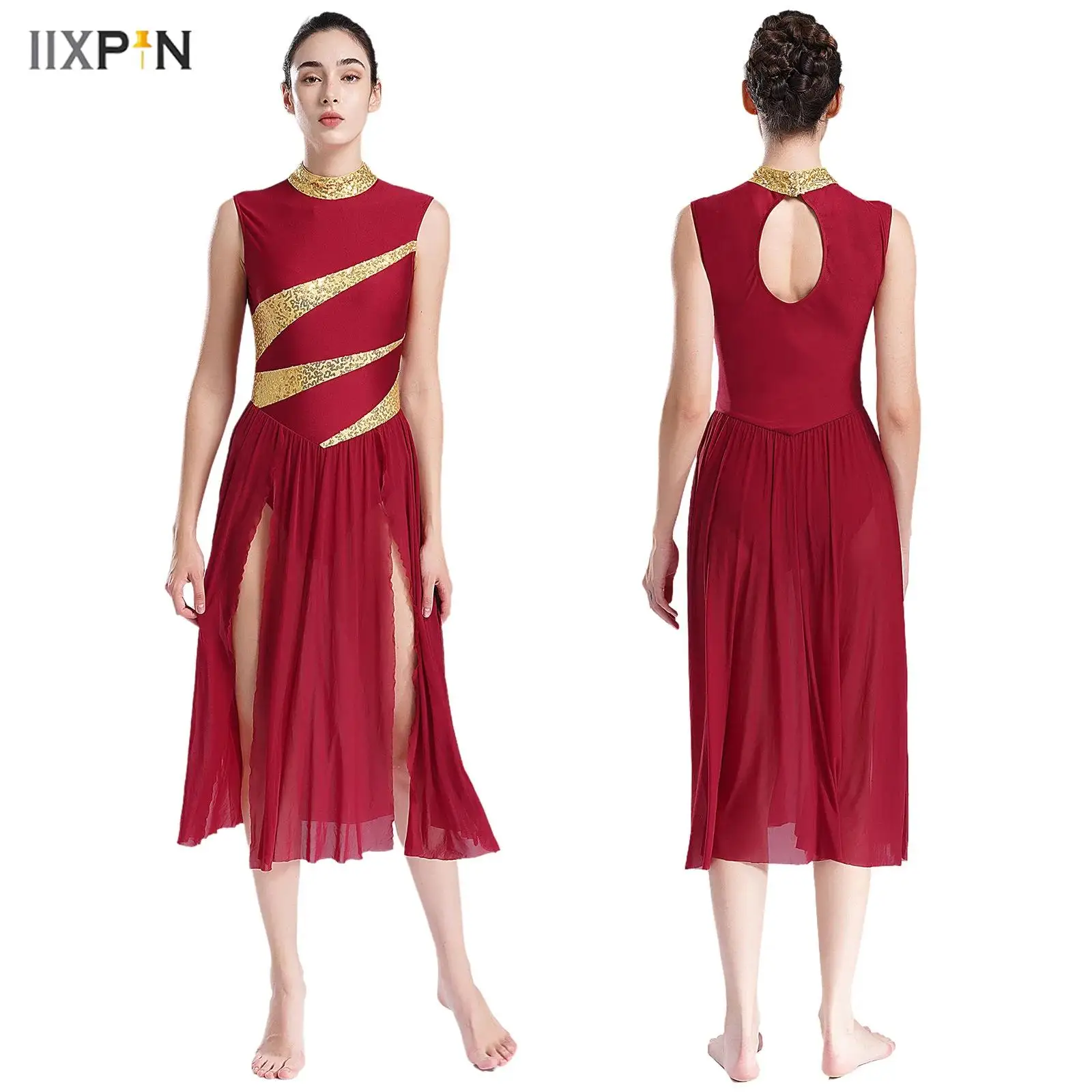 Womens Lyrical Dance Dress Mock Neck Sleeveless Cutout Back Shiny Sequins Split Maxi Dress Modern Dance Performance Dancewear
Womens Lyrical Dance Dress Mock Neck Sleeveless Cutout Back Shiny Sequins Split Maxi Dress Modern Dance Performance Dancewear
