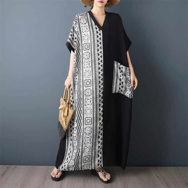 plus Size Long Cotton Linen V-Neck Short Sleeve Color Block Black Dress Slimming Effect Artistic Style Loose Fit Summer Dress
plus Size Long Cotton Linen V-Neck Short Sleeve Color Block Black Dress Slimming Effect Artistic Style Loose Fit Summer Dress