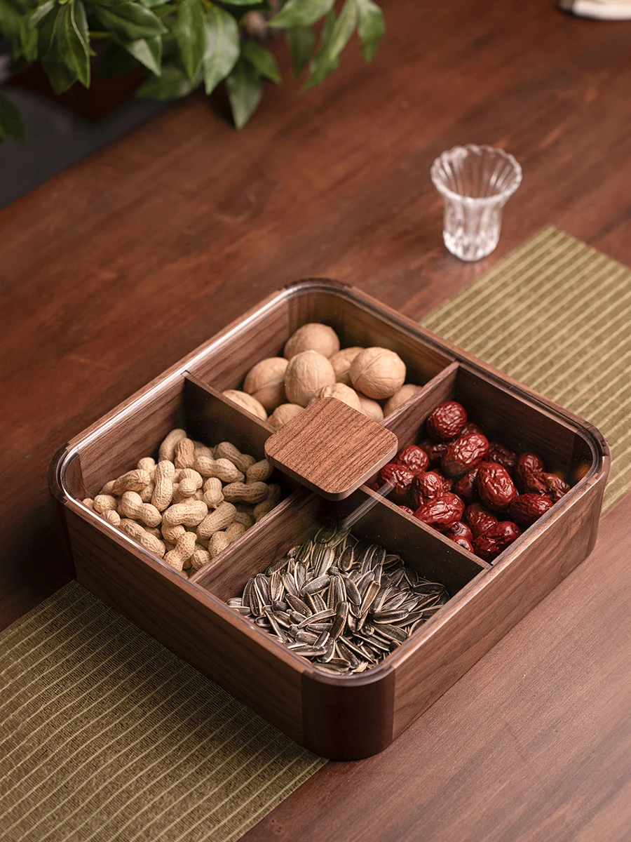 High End Walnut Fruit Basket with Lid Four Grids Living Room Coffee Table Home Use Nut Snack Plate Year of Dry Fruit Plate
High End Walnut Fruit Basket with Lid Four Grids Living Room Coffee Table Home Use Nut Snack Plate Year of Dry Fruit Plate