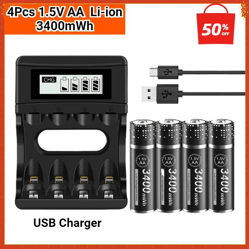 1.5V AA Li-ion Lithium Rechargeable Batteries 1.5v 3400mWh Constant Voltage Chip Battery for Remote Control Toy Flashlight
1.5V AA Li-ion Lithium Rechargeable Batteries 1.5v 3400mWh Constant Voltage Chip Battery for Remote Control Toy Flashlight