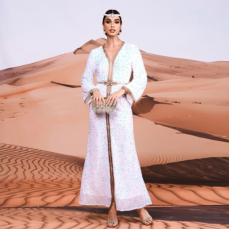 White Sequined dress Women Long sleeve V Neck Luxury Islamic Turkey Muslim Abaya Dubai Cocktail Prom Evening Party Maxi dresses
White Sequined dress Women Long sleeve V Neck Luxury Islamic Turkey Muslim Abaya Dubai Cocktail Prom Evening Party Maxi dresses
