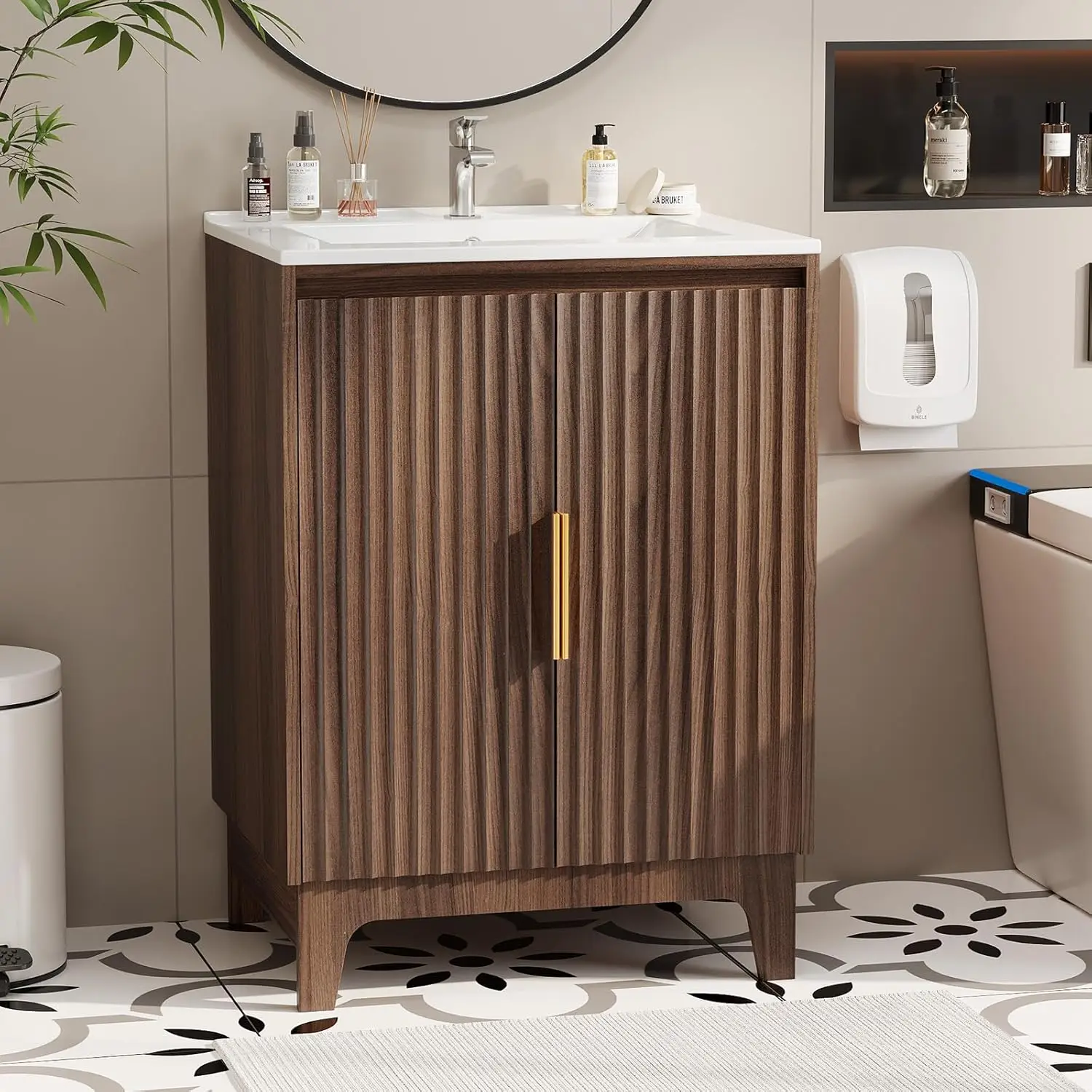 Fluted Bathroom Vanity with Ceramic Sink, Bathroom Vanity Cabinet with 2 Doors, 24 Inch Restroom Sink Cabinet Combo, Mid
Fluted Bathroom Vanity with Ceramic Sink, Bathroom Vanity Cabinet with 2 Doors, 24 Inch Restroom Sink Cabinet Combo, Mid