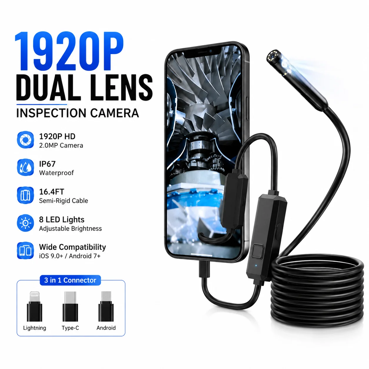 Dual Lens Endoscope Camera 1920P HD Borescope with 8 LED Lights IP67 Waterproof Inspection Camera for iPhone Android
Dual Lens Endoscope Camera 1920P HD Borescope with 8 LED Lights IP67 Waterproof Inspection Camera for iPhone Android