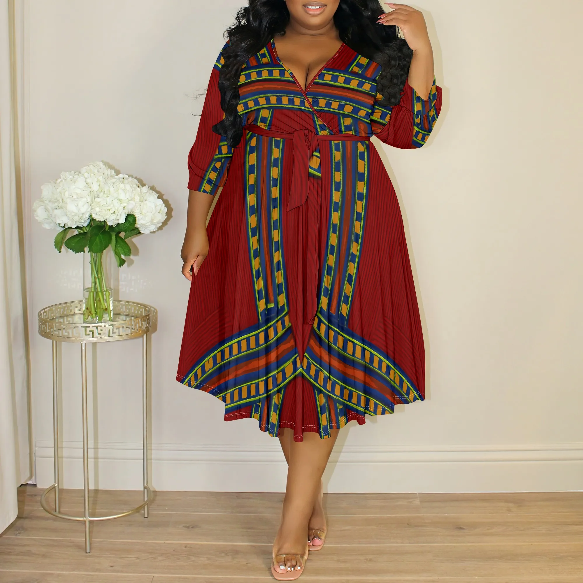 Plus Size African Tribal Dress Red Geometric Print V Neck Midi Dress for Women XL-6XL Ethnic Party Outfit with Belt
Plus Size African Tribal Dress Red Geometric Print V Neck Midi Dress for Women XL-6XL Ethnic Party Outfit with Belt