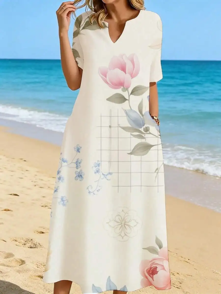 V Neck Midi Dress Cream Floral Geometric Print Beach Wear
V Neck Midi Dress Cream Floral Geometric Print Beach Wear