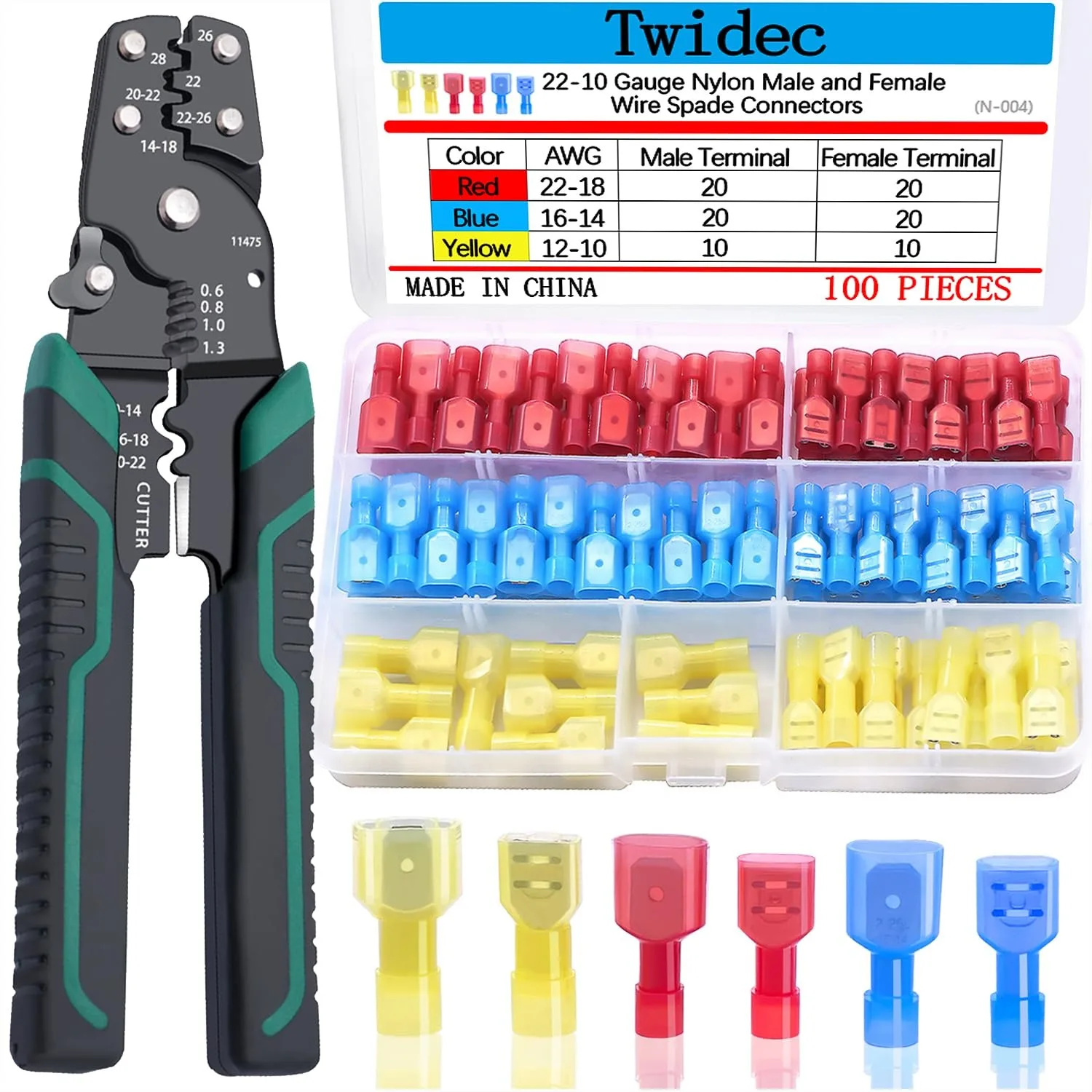 Nylon Spade Connectors Kit 22-10 Gauge Quick Disconnect Male Female Wire Terminals with Crimper Tool Stripper Cutter
Nylon Spade Connectors Kit 22-10 Gauge Quick Disconnect Male Female Wire Terminals with Crimper Tool Stripper Cutter