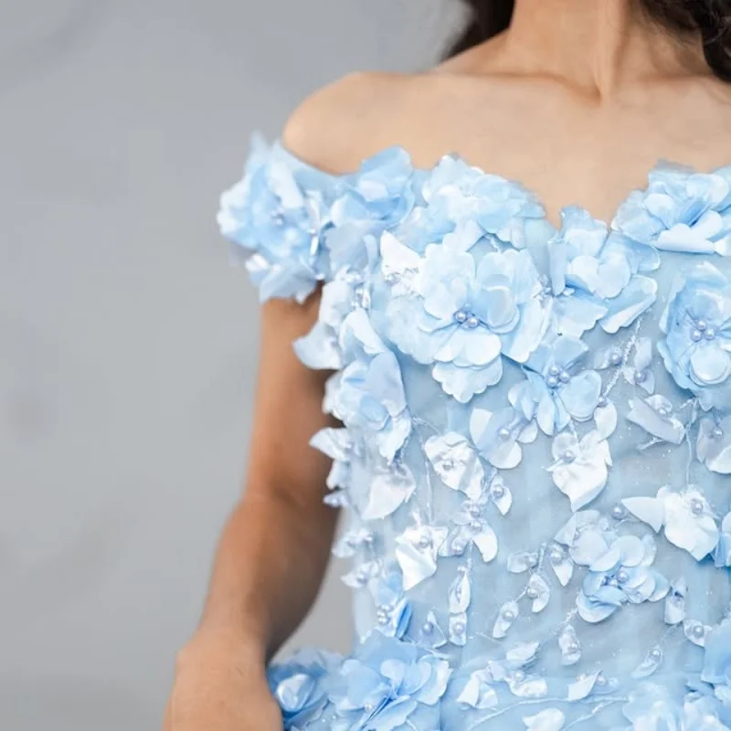 Customized blue Quinceanera Dresses Off the Shoulder Tull applique 3D flower Lace trailing Vestido De 15 Quinceanera
Customized blue Quinceanera Dresses Off the Shoulder Tull applique 3D flower Lace trailing Vestido De 15 Quinceanera