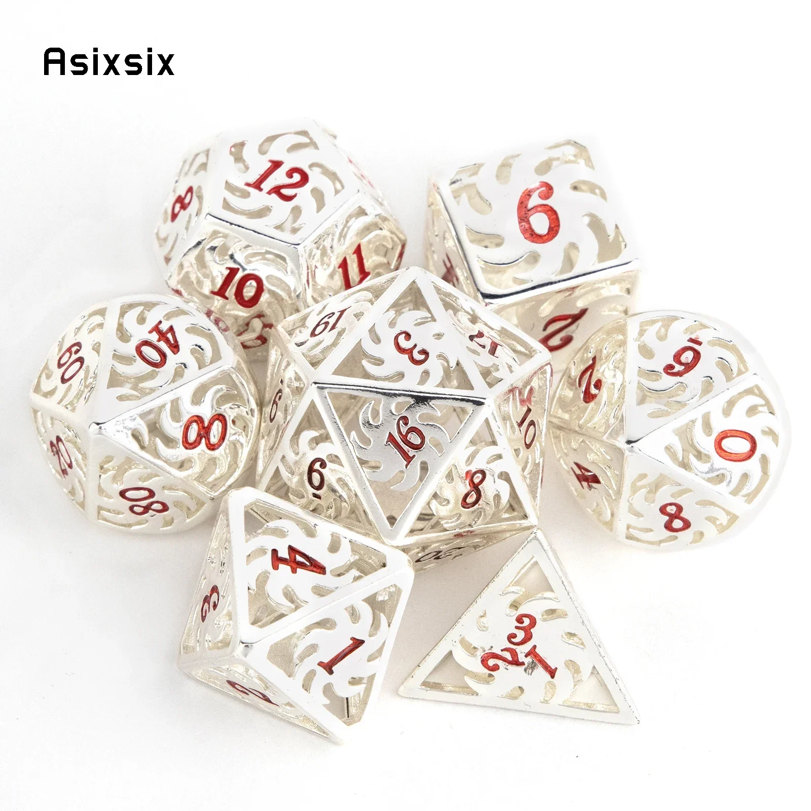 7 Pcs White Red Rotary Windmill Metal Dice Hollow Metal Polyhedral Dice Set Suitable For Role-Playing RPG Gift Card Game
7 Pcs White Red Rotary Windmill Metal Dice Hollow Metal Polyhedral Dice Set Suitable For Role-Playing RPG Gift Card Game
