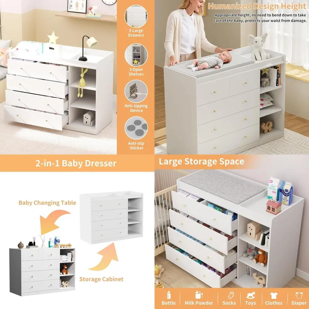 5-Drawer White Nursery Dresser with 3-Tier Open Shelving and Changing Table Combo for Baby's Room
5-Drawer White Nursery Dresser with 3-Tier Open Shelving and Changing Table Combo for Baby's Room